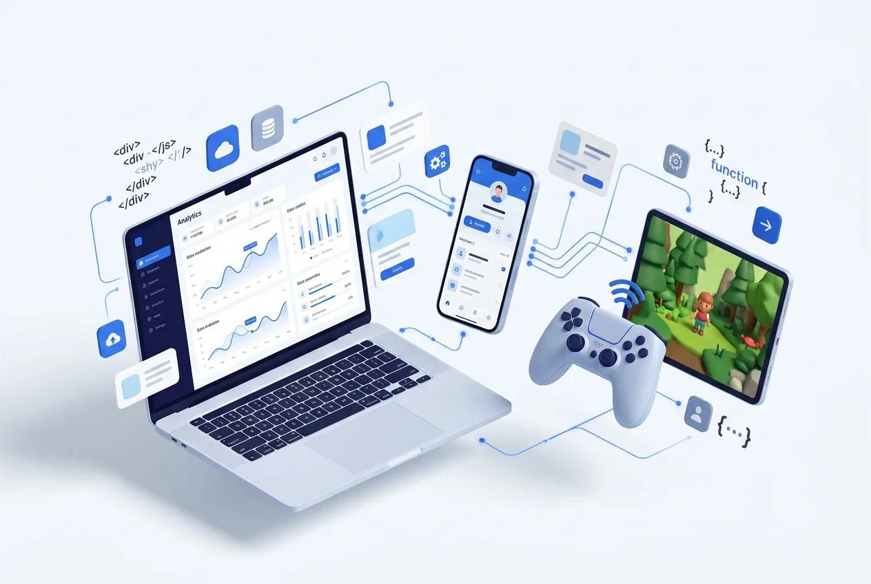 Illustration of web dashboard, mobile app and game projects built by Nodewap Technology